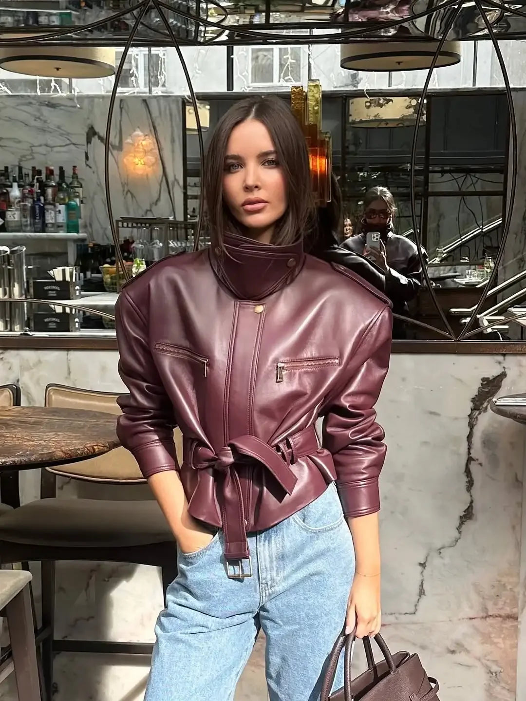 Women Solid Burgundy Waist Cinching Jacket Fashion Lace Up Stand Collar Zipper Bucket Short Jackets 2026 Lady High Street Coat