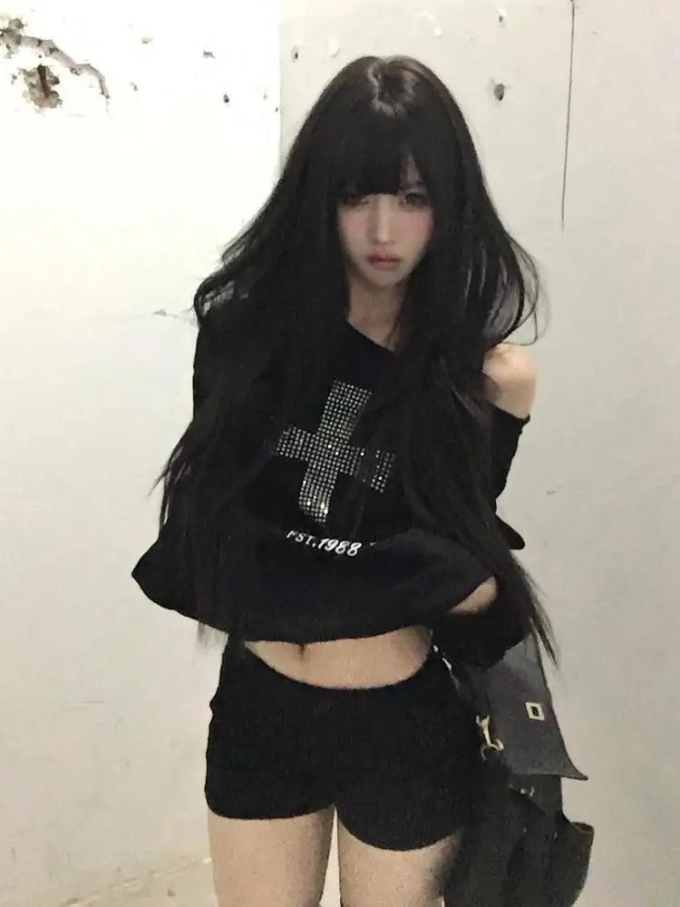 Seeslim Cross One-shoulder Graphic Hoodies Long Sleeve Black Women's Sweatshirts Harajuku Grunge 2000s Clothes Y2k Autumn Tops