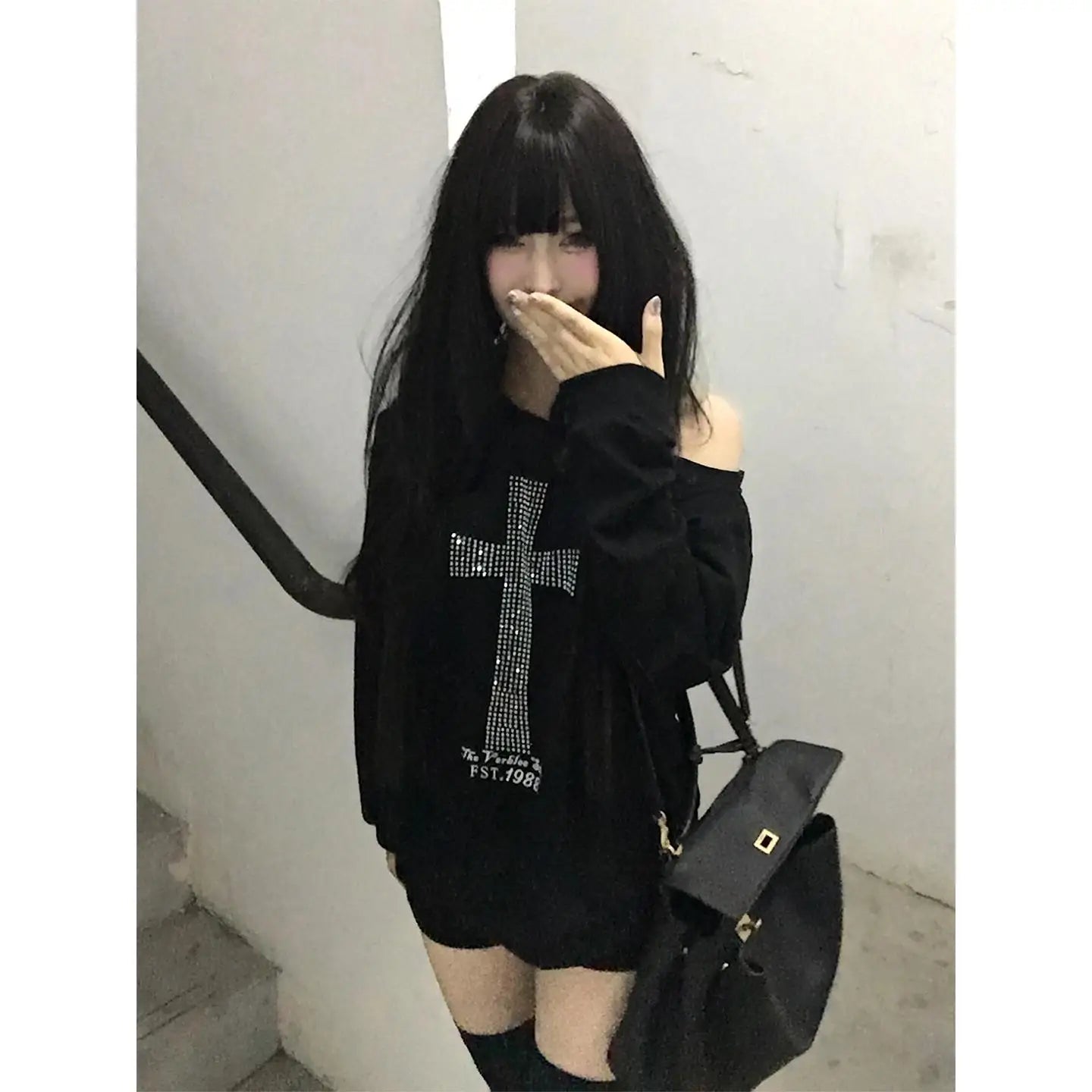 Seeslim Cross One-shoulder Graphic Hoodies Long Sleeve Black Women's Sweatshirts Harajuku Grunge 2000s Clothes Y2k Autumn Tops