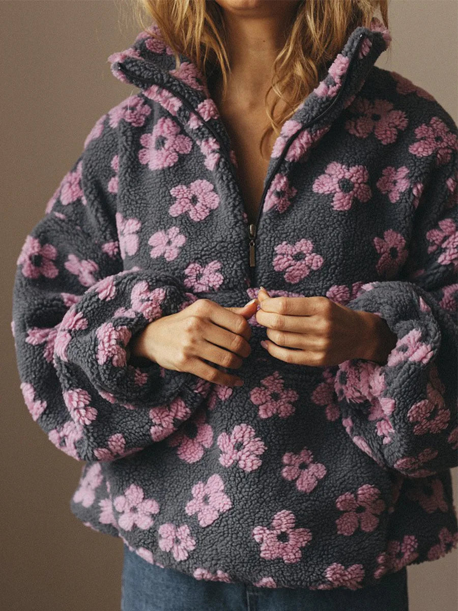 Yaminiya Women's 2025 New Fashion Polar Fleece Flower Blossoms Sweater Cotton Sweater Loose Warm Fur Stand Up Collar Zipper Top