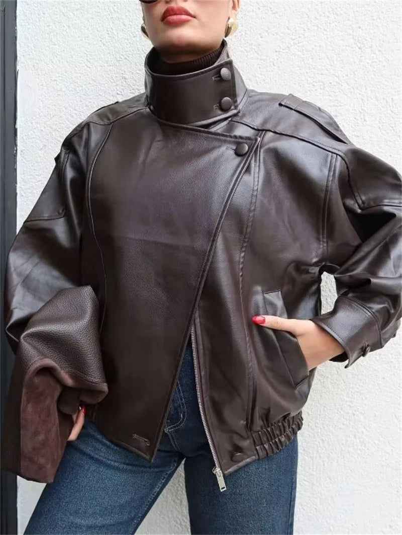 Women's Jacket 2026 Autunm  New Black Long Sleeve Pebble Faux Leather Jacket Motorcycle Style Personality Fashion