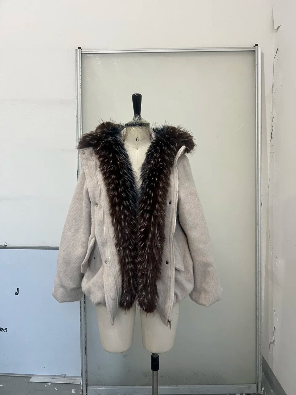 Vintage Thicken Faux Fur Woolen Jacket Women Fashion Hooded Pocket Lantern Sleeve Elastic Waist Coat Winter Female Daily Outwear