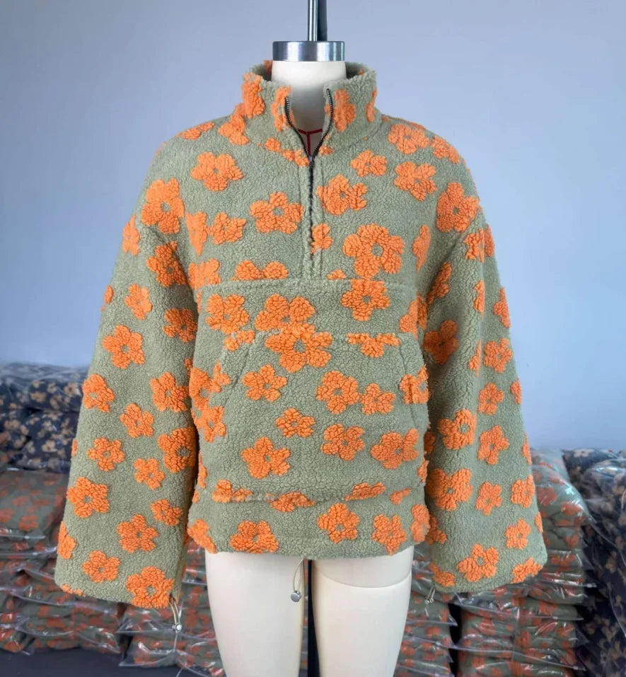 Yaminiya Women's 2025 New Fashion Polar Fleece Flower Blossoms Sweater Cotton Sweater Loose Warm Fur Stand Up Collar Zipper Top