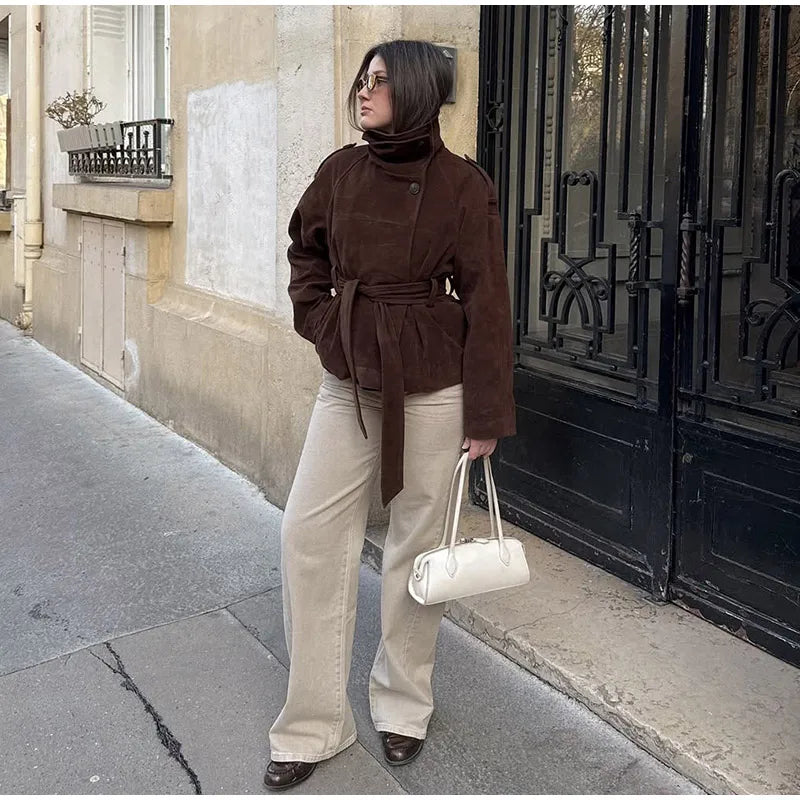 Soft Suede Women Commute Coat Long Sleeve High Neck Tie Waist All-match Cinched Slim Autumn Winter Coats 2026 Fashion Jackets