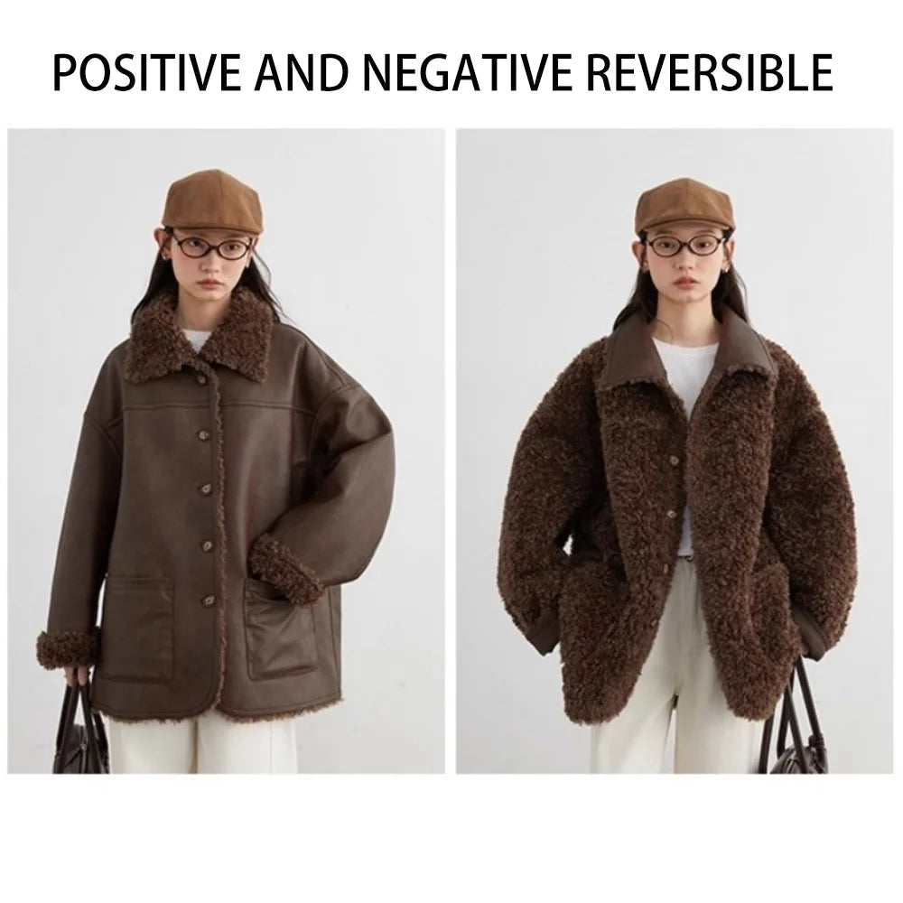 CHIC VEN Women Faux Leather Jacket Coat Loose Casual Reversible Mid Length PU Overcoat Retro Ladies Outerwear Autumn Winter 2025