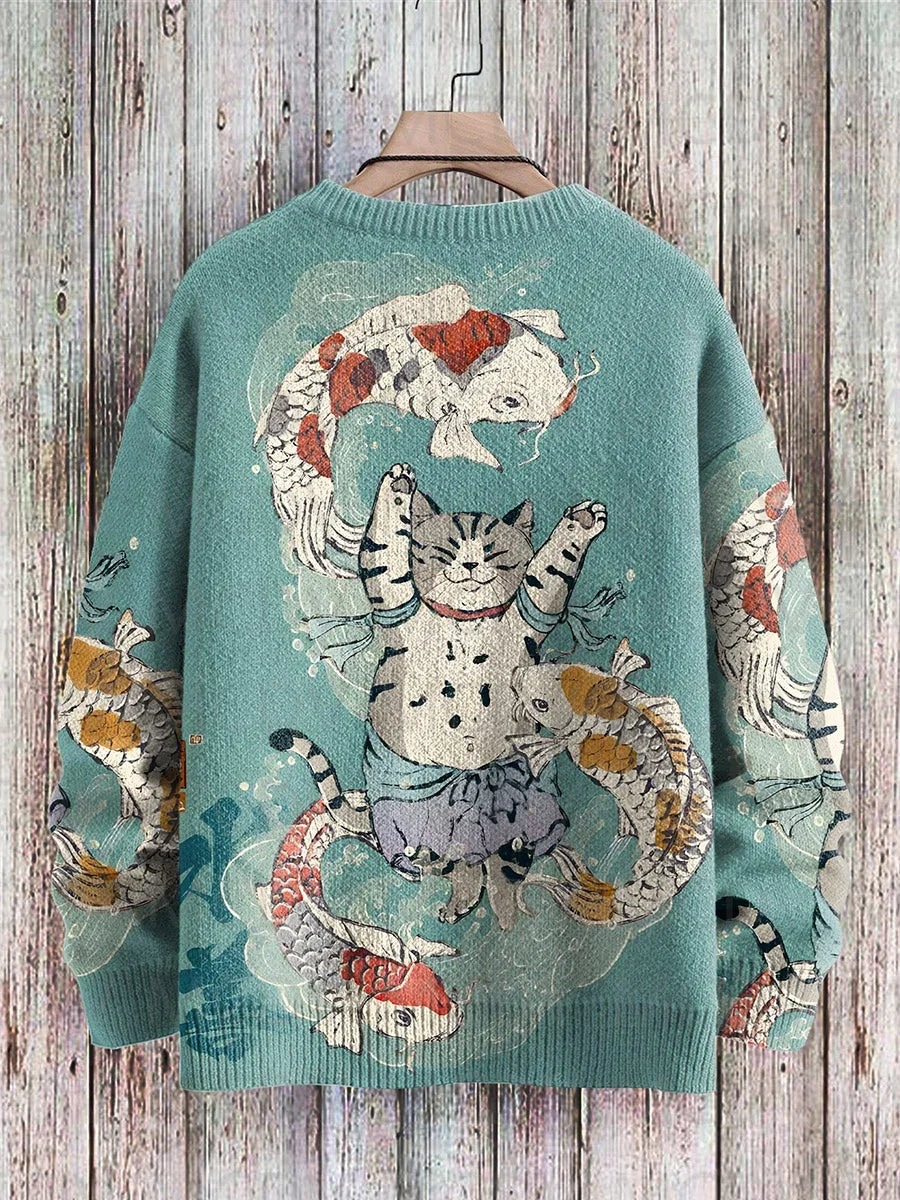 Retro Japanese Style Painting Cat Art Casual Print Knit Pullover Sweater Women For Men Sweater
