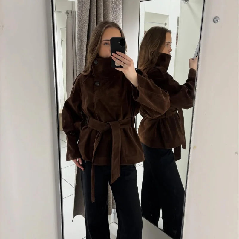 Soft Suede Women Commute Coat Long Sleeve High Neck Tie Waist All-match Cinched Slim Autumn Winter Coats 2026 Fashion Jackets