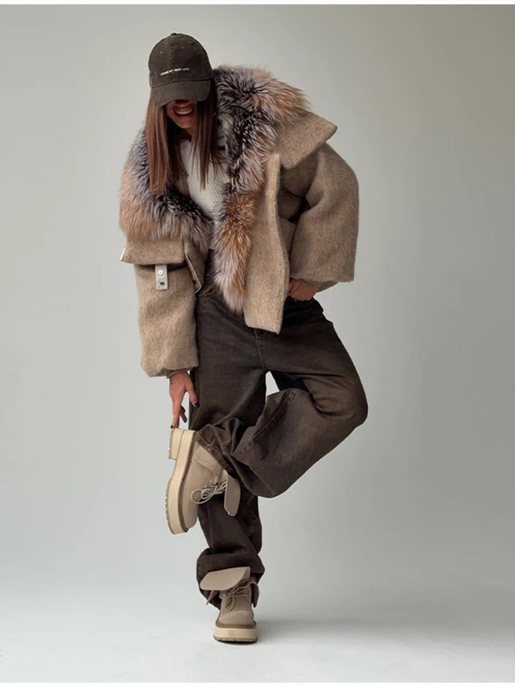 Vintage Thicken Faux Fur Woolen Jacket Women Fashion Hooded Pocket Lantern Sleeve Elastic Waist Coat Winter Female Daily Outwear