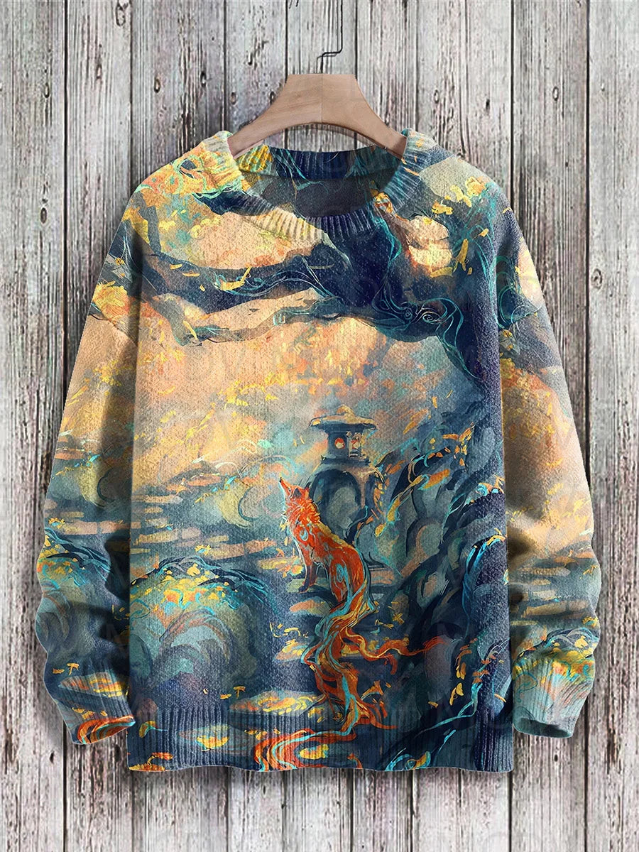 Retro Japanese Style Painting Cat Art Casual Print Knit Pullover Sweater Women For Men Sweater