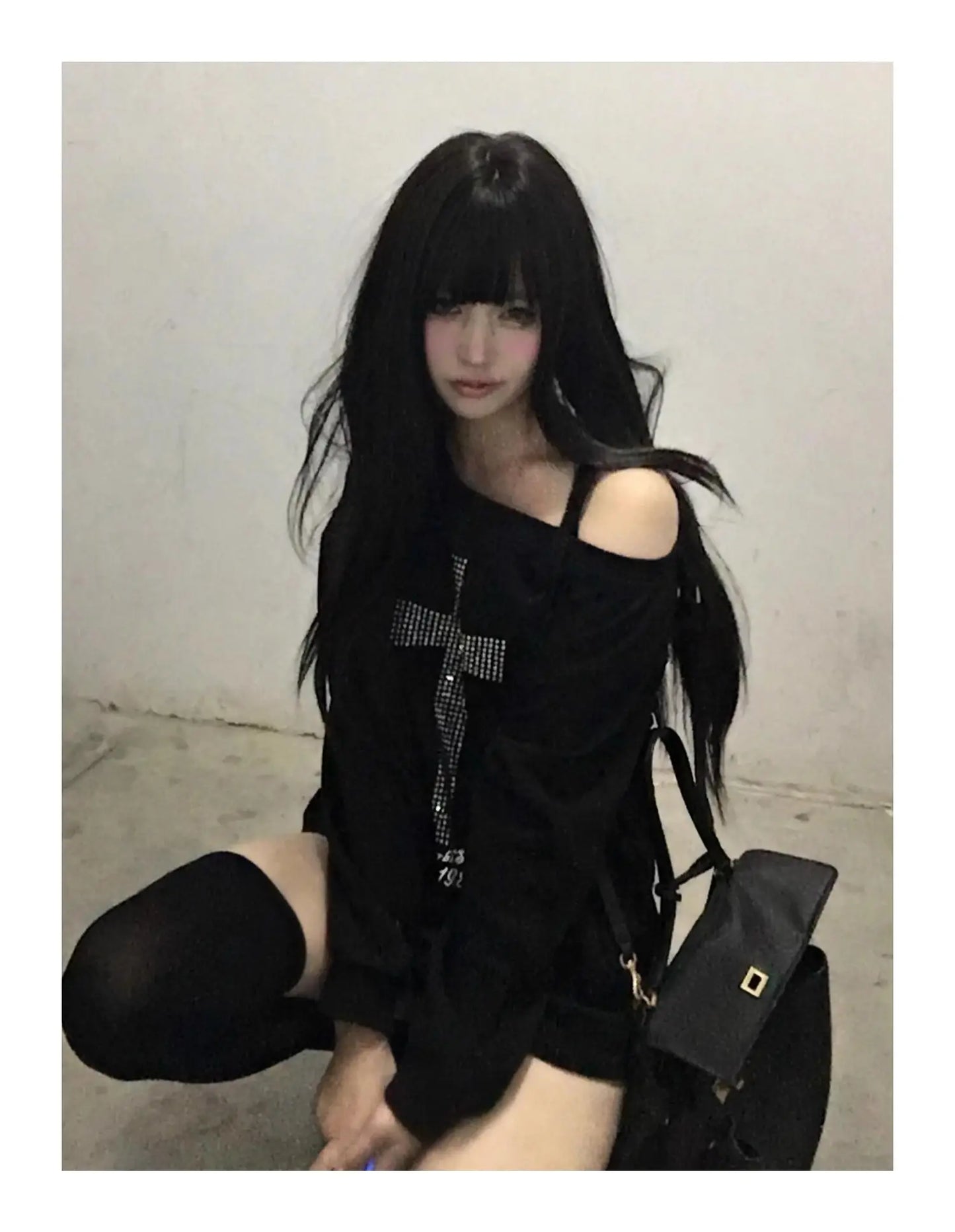 Seeslim Cross One-shoulder Graphic Hoodies Long Sleeve Black Women's Sweatshirts Harajuku Grunge 2000s Clothes Y2k Autumn Tops