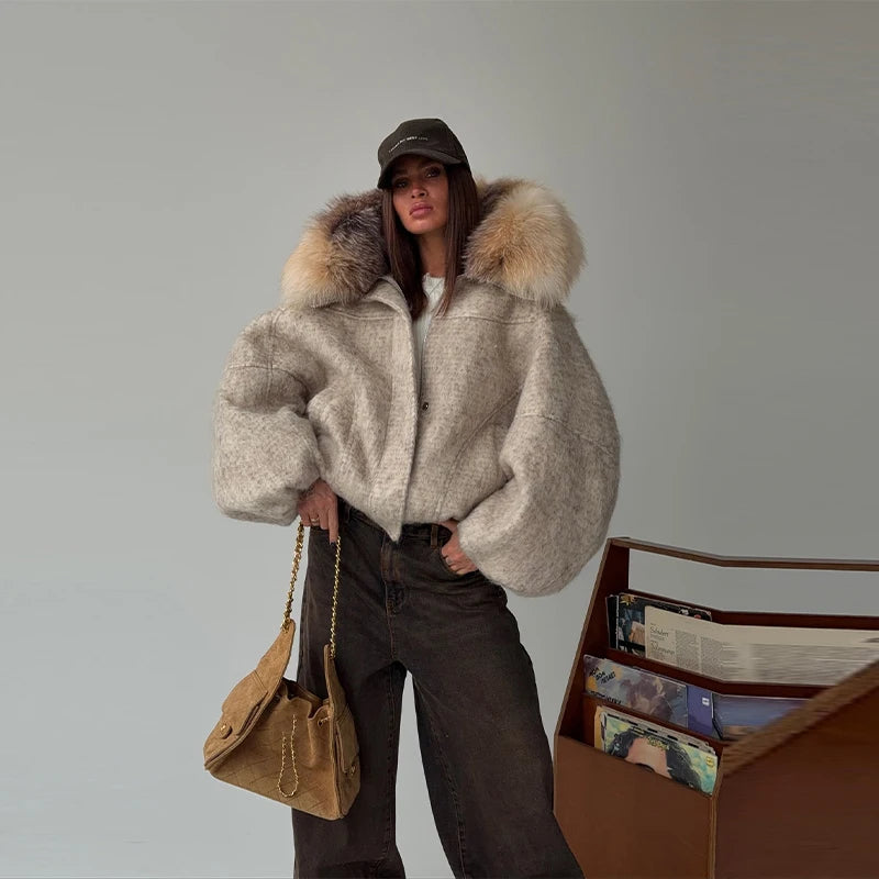 Winter Fashion Faux Fur Collar Woolen Coat Women Vintage Thick Hooded Long Sleeve Oversized Warm Jacket New Lady High Streetwear