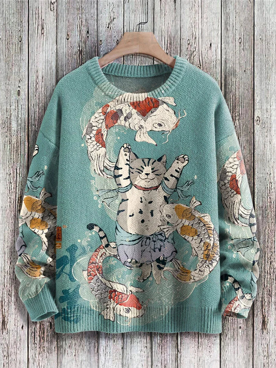 Retro Japanese Style Painting Cat Art Casual Print Knit Pullover Sweater Women For Men Sweater