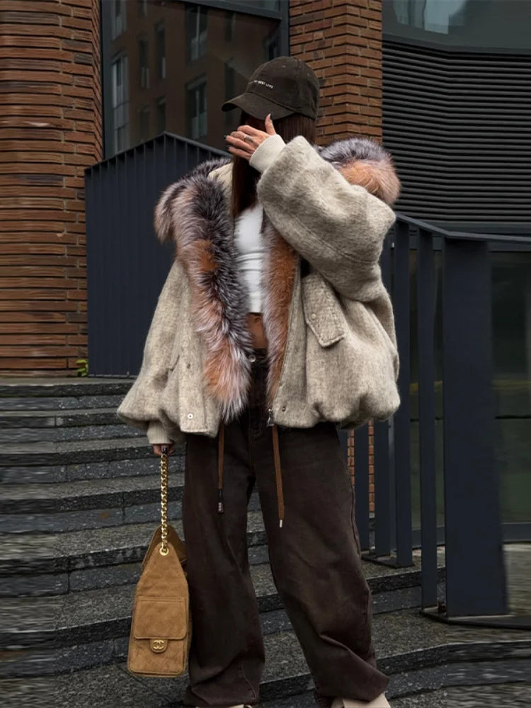 Winter Fashion Faux Fur Collar Woolen Coat Women Vintage Thick Hooded Long Sleeve Oversized Warm Jacket New Lady High Streetwear