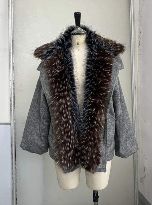 Vintage Thicken Faux Fur Woolen Jacket Women Fashion Hooded Pocket Lantern Sleeve Elastic Waist Coat Winter Female Daily Outwear