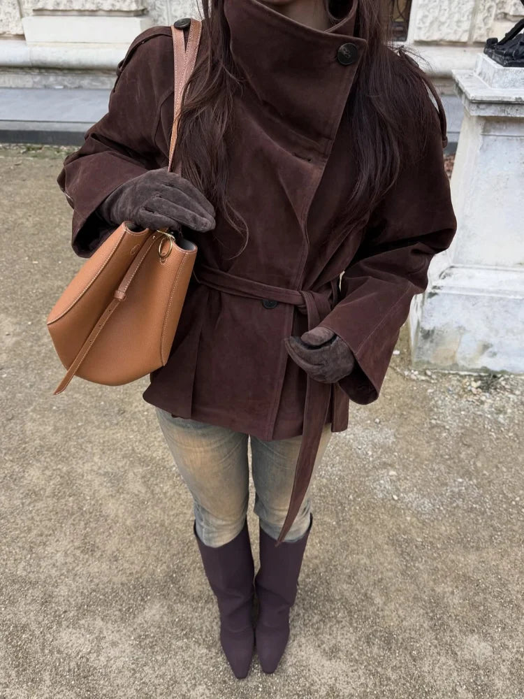 Soft Suede Women Commute Coat Long Sleeve High Neck Tie Waist All-match Cinched Slim Autumn Winter Coats 2026 Fashion Jackets