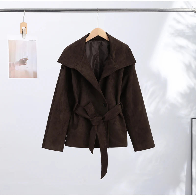 Soft Suede Women Commute Coat Long Sleeve High Neck Tie Waist All-match Cinched Slim Autumn Winter Coats 2026 Fashion Jackets