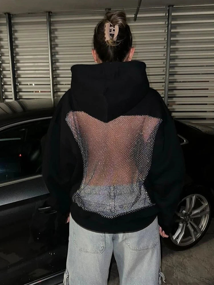 Weird Puss Harajuku Hooded Sweatshirt Women Autumn Trend Backless Glitter Mesh Patchwork Casual Streetwear Hipster Pulloverr