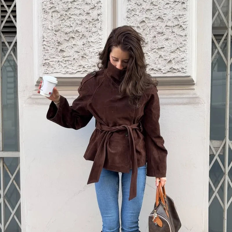 Soft Suede Women Commute Coat Long Sleeve High Neck Tie Waist All-match Cinched Slim Autumn Winter Coats 2026 Fashion Jackets