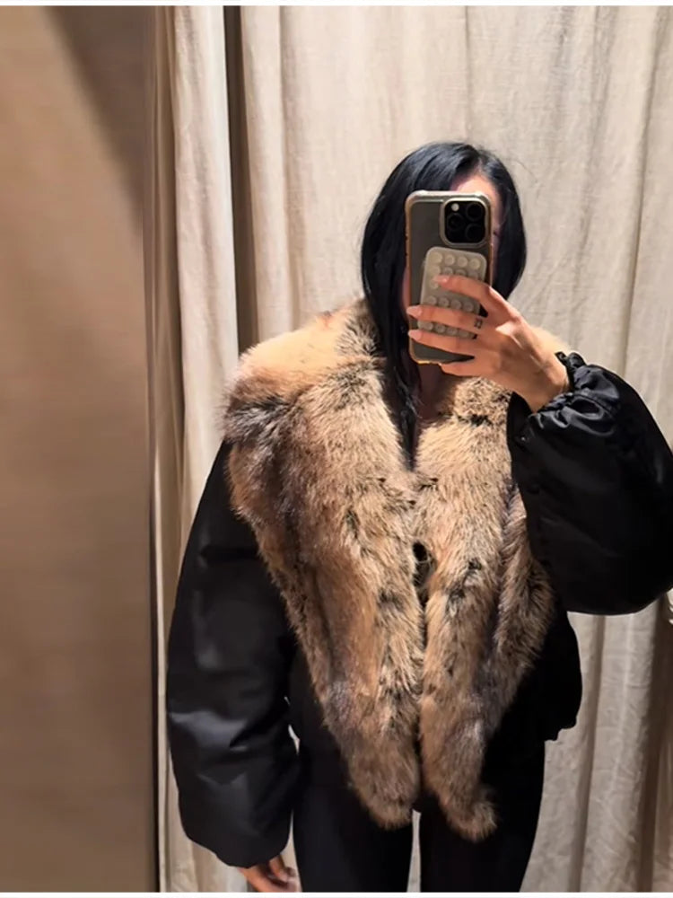 Winter Fashion Big Faux Fur Cotton Collar Coat For Women Trend Long Sleeves Warm Loose Jacket 2025 New Lady Daily Streetwears