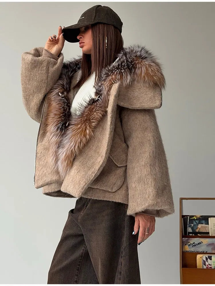 Vintage Thicken Faux Fur Woolen Jacket Women Fashion Hooded Pocket Lantern Sleeve Elastic Waist Coat Winter Female Daily Outwear