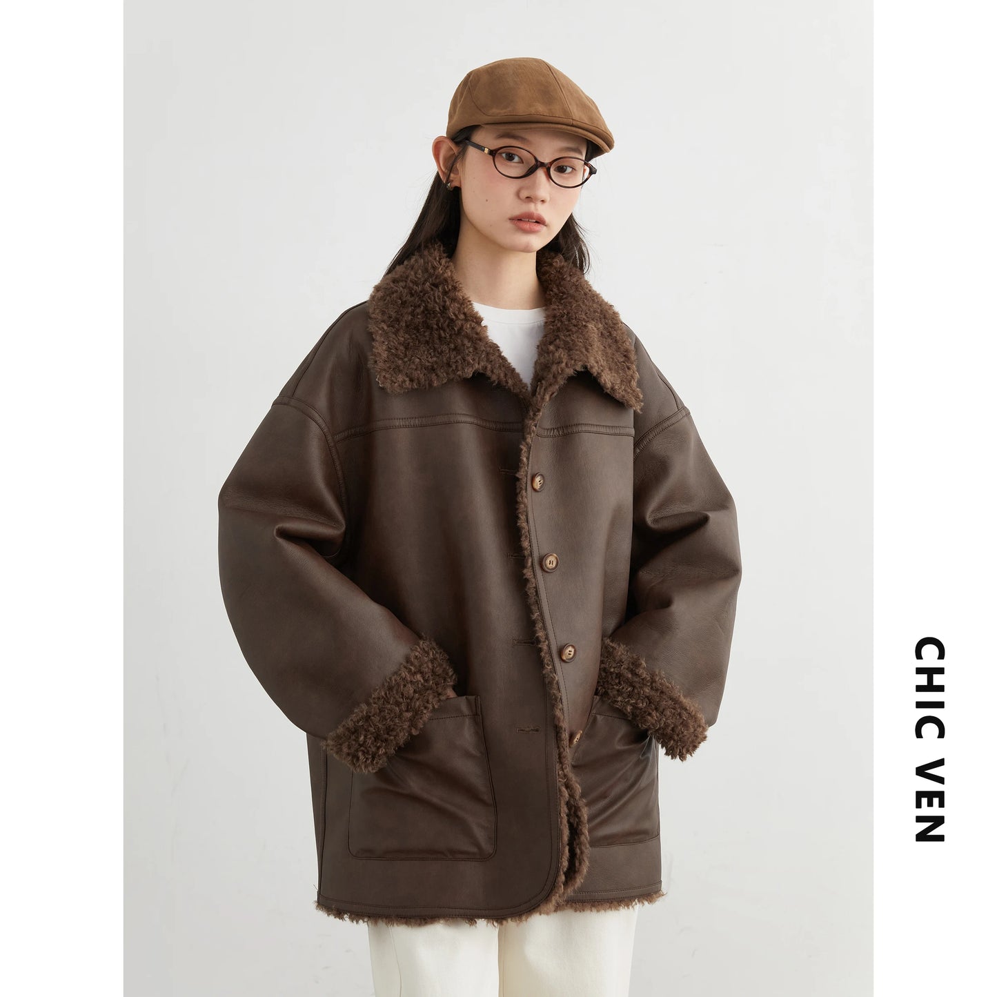 CHIC VEN Women Faux Leather Jacket Coat Loose Casual Reversible Mid Length PU Overcoat Retro Ladies Outerwear Autumn Winter 2025