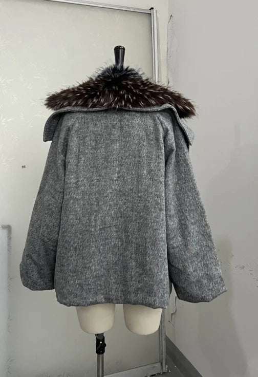 Vintage Thicken Faux Fur Woolen Jacket Women Fashion Hooded Pocket Lantern Sleeve Elastic Waist Coat Winter Female Daily Outwear