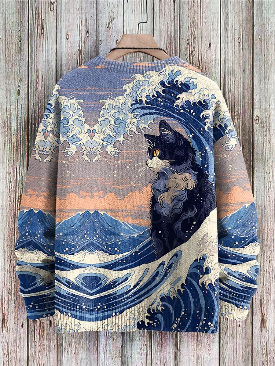 Retro Japanese Style Painting Cat Art Casual Print Knit Pullover Sweater Women For Men Sweater