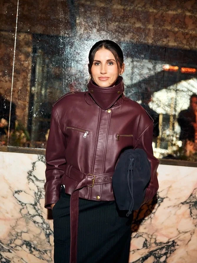 Women Solid Burgundy Waist Cinching Jacket Fashion Lace Up Stand Collar Zipper Bucket Short Jackets 2026 Lady High Street Coat