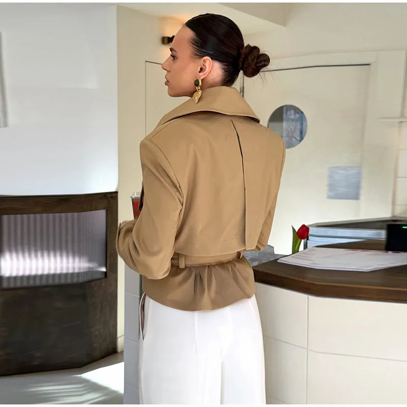 Soft Suede Women Commute Coat Long Sleeve High Neck Tie Waist All-match Cinched Slim Autumn Winter Coats 2026 Fashion Jackets