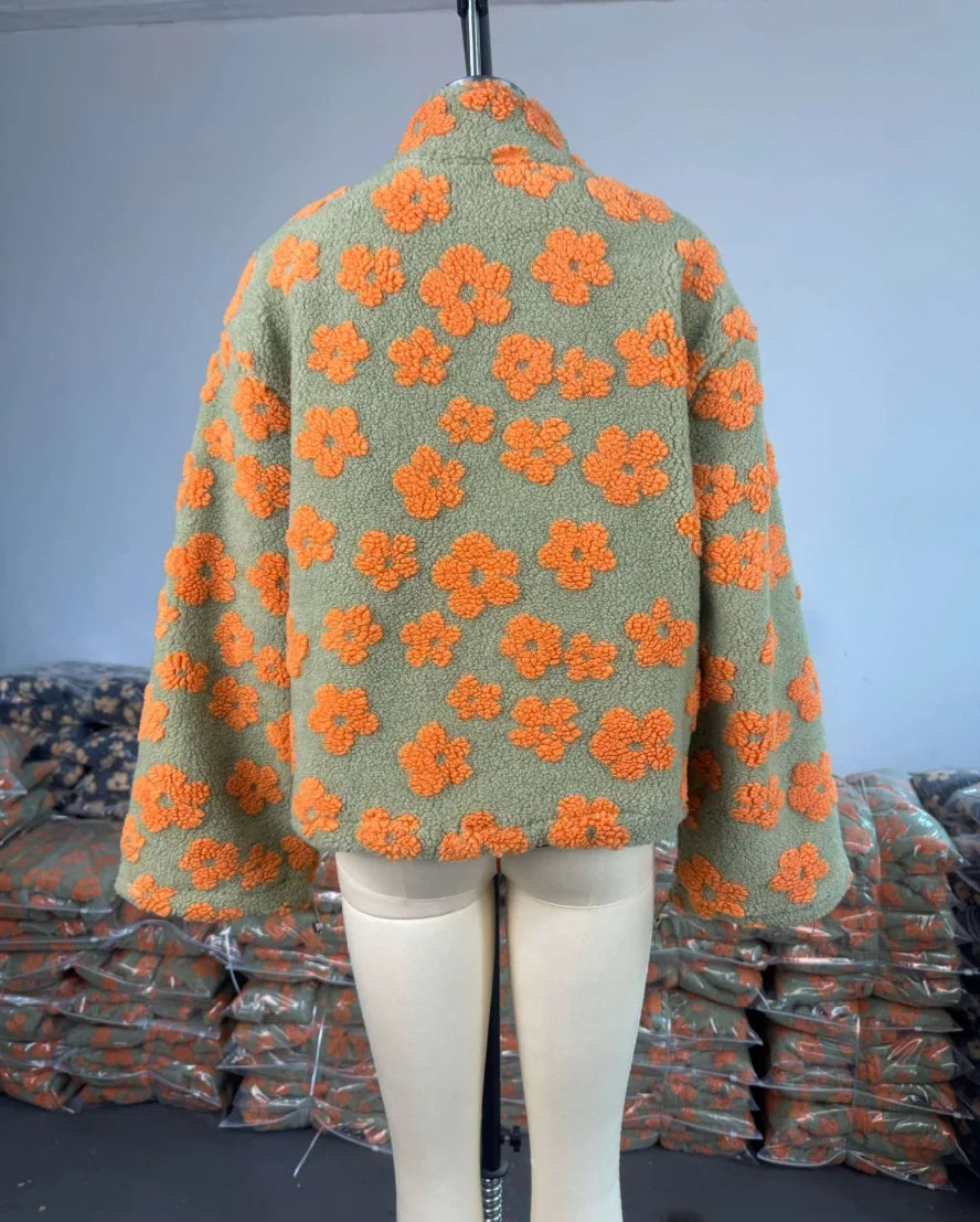 Yaminiya Women's 2025 New Fashion Polar Fleece Flower Blossoms Sweater Cotton Sweater Loose Warm Fur Stand Up Collar Zipper Top