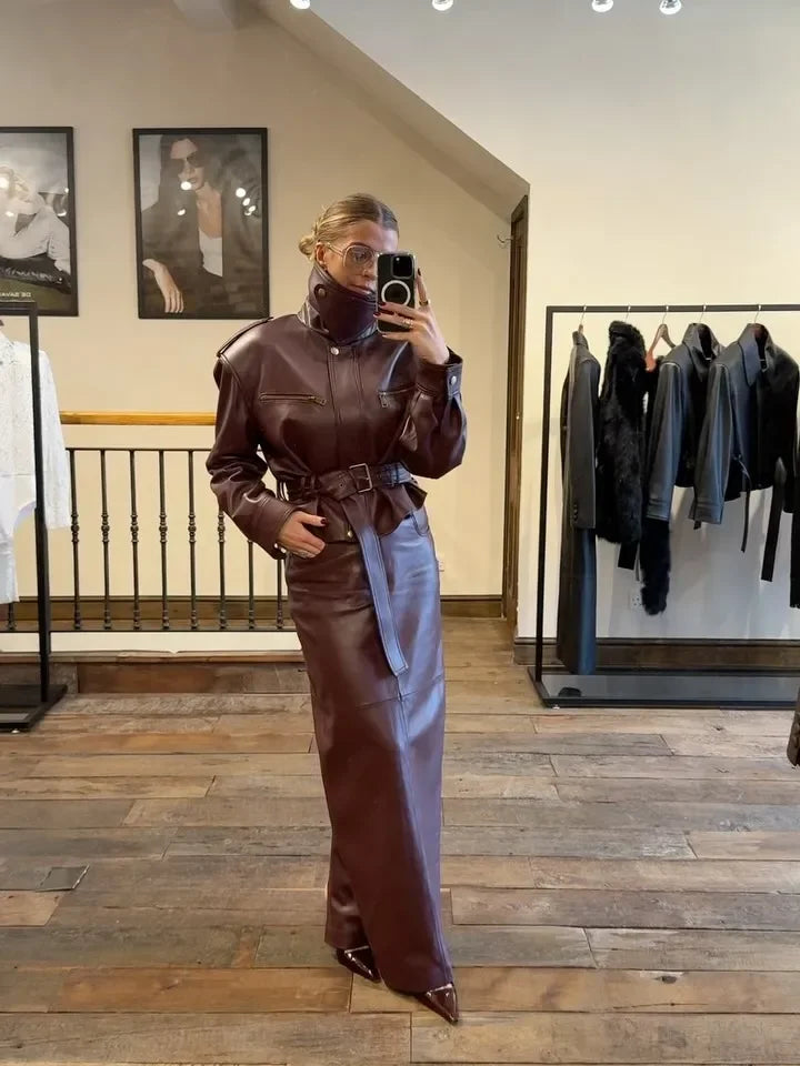 Women Solid Burgundy Waist Cinching Jacket Fashion Lace Up Stand Collar Zipper Bucket Short Jackets 2026 Lady High Street Coat