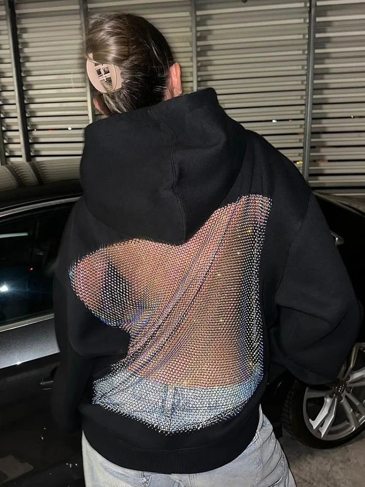 Weird Puss Harajuku Hooded Sweatshirt Women Autumn Trend Backless Glitter Mesh Patchwork Casual Streetwear Hipster Pulloverr