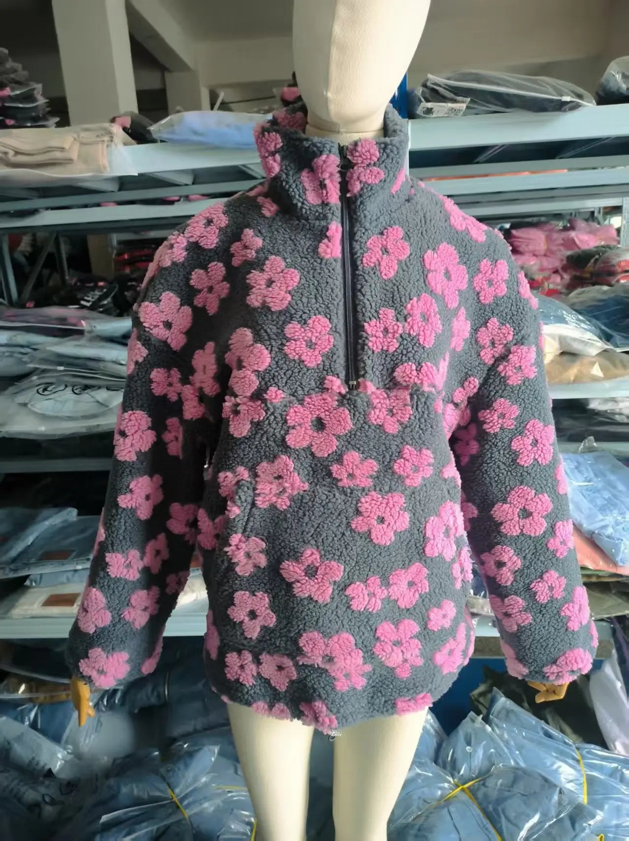 Yaminiya Women's 2025 New Fashion Polar Fleece Flower Blossoms Sweater Cotton Sweater Loose Warm Fur Stand Up Collar Zipper Top