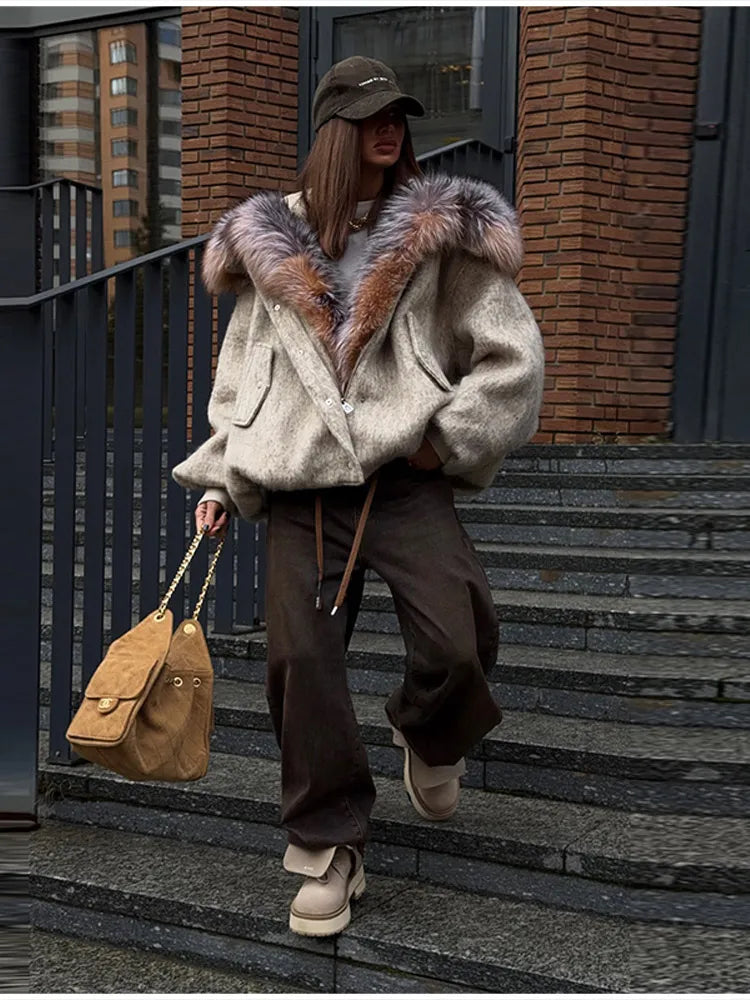 Winter Fashion Faux Fur Collar Woolen Coat Women Vintage Thick Hooded Long Sleeve Oversized Warm Jacket New Lady High Streetwear