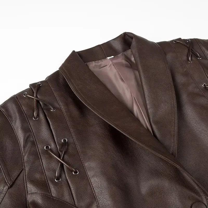 Suninheart Autumn and Winter Faux Leather Jackets for Women 2025 Dropped Shoulder Oversized Jacket Coat Belted Corset Jacket