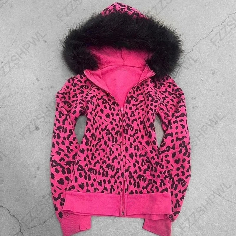 Y2K Harajuku Gothic Women's Hoodie Sexy Slim Chic Suede Fur Collar Letter Print Cardigan Sweatshirt Aesthetic Female Streetwear