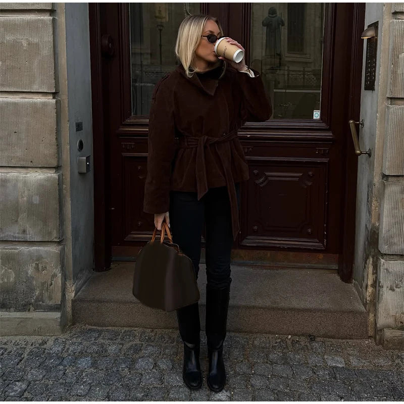 Soft Suede Women Commute Coat Long Sleeve High Neck Tie Waist All-match Cinched Slim Autumn Winter Coats 2026 Fashion Jackets