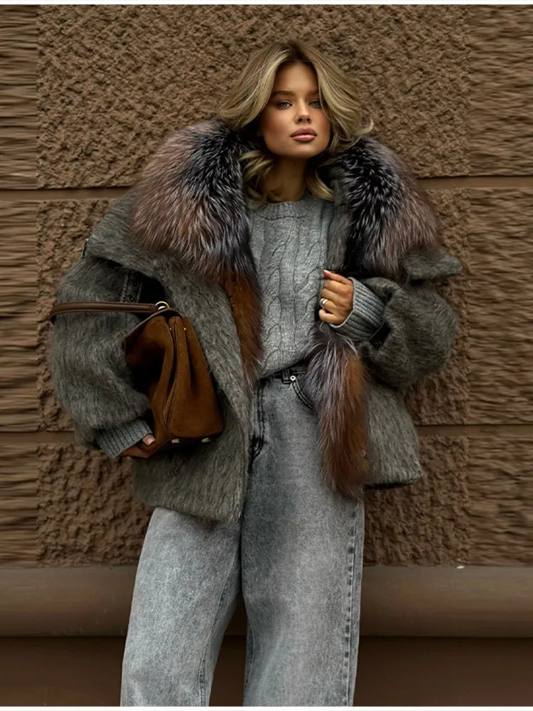 Vintage Thicken Faux Fur Woolen Jacket Women Fashion Hooded Pocket Lantern Sleeve Elastic Waist Coat Winter Female Daily Outwear
