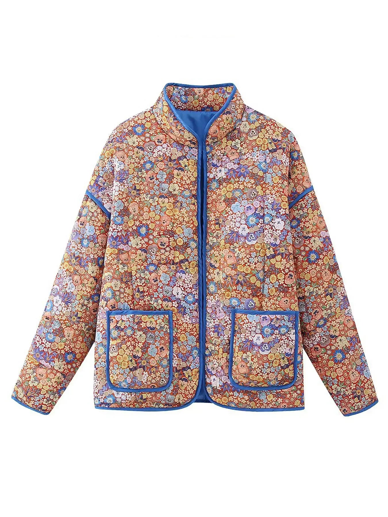 Chaqueta de mujer Winter Jacket Women Autumn Flower Printed Thin Pocket Decoration Cardigan Cotton Coat Women's Top