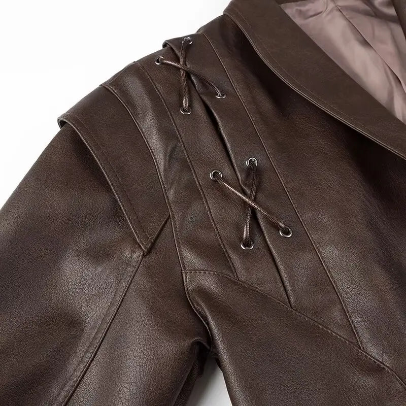 Suninheart Autumn and Winter Faux Leather Jackets for Women 2025 Dropped Shoulder Oversized Jacket Coat Belted Corset Jacket