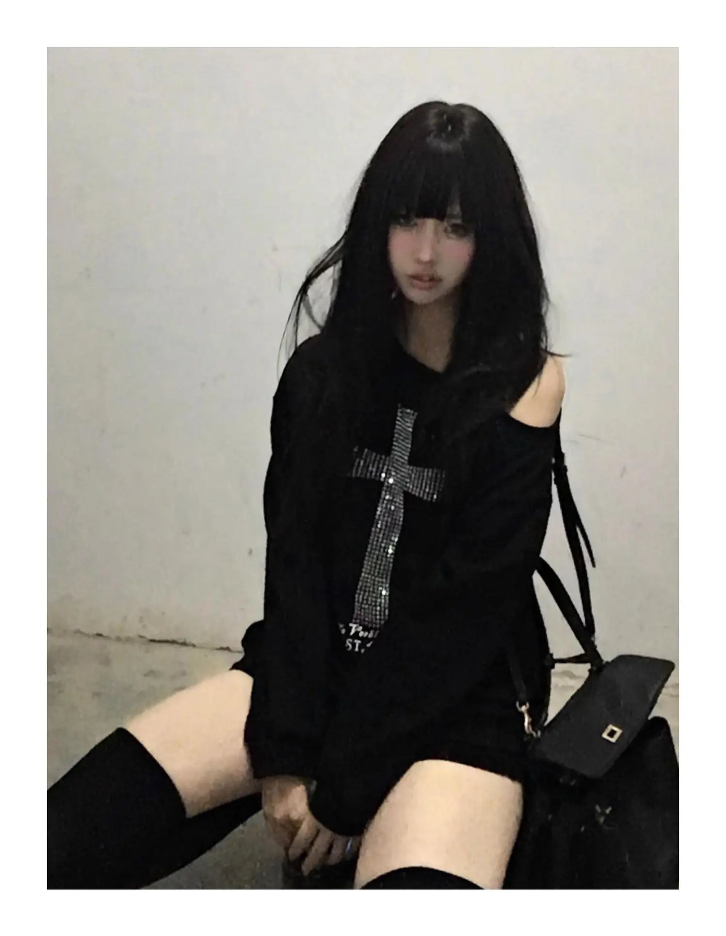 Seeslim Cross One-shoulder Graphic Hoodies Long Sleeve Black Women's Sweatshirts Harajuku Grunge 2000s Clothes Y2k Autumn Tops