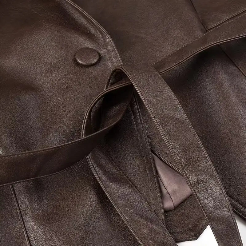 Suninheart Autumn and Winter Faux Leather Jackets for Women 2025 Dropped Shoulder Oversized Jacket Coat Belted Corset Jacket