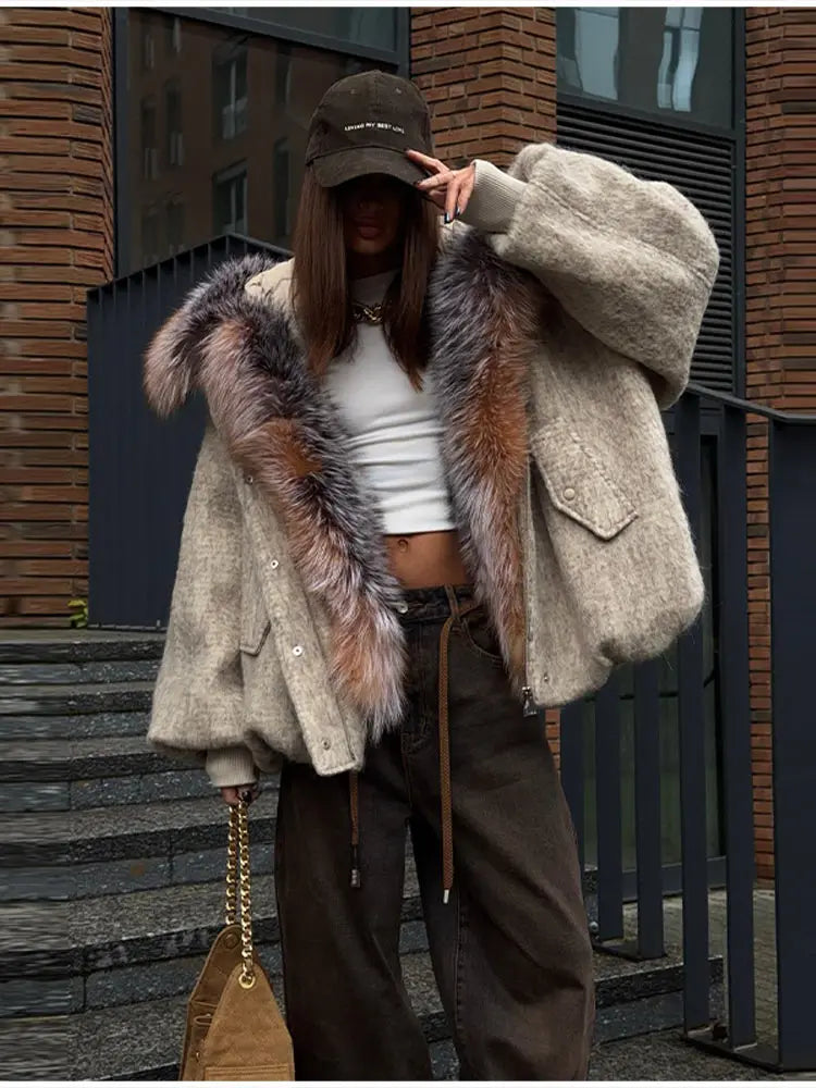 Winter Fashion Faux Fur Collar Woolen Coat Women Vintage Thick Hooded Long Sleeve Oversized Warm Jacket New Lady High Streetwear