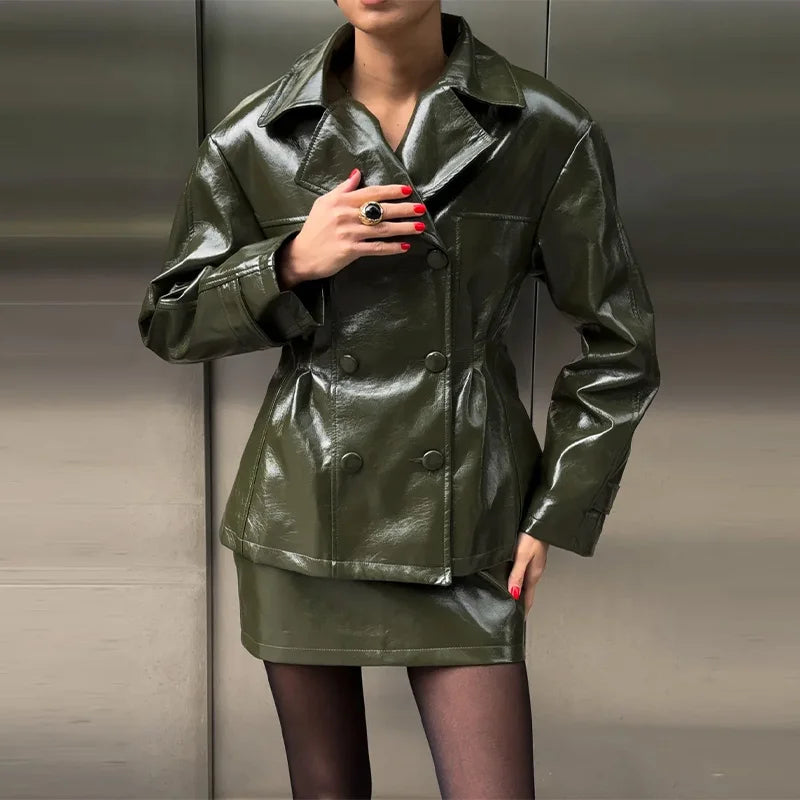 Retro Leather Blazers Short Skirts Suit Women's Stylish Lapel Double-breasted Jackets 2025 New Autumn Winter Ladies Streetwear