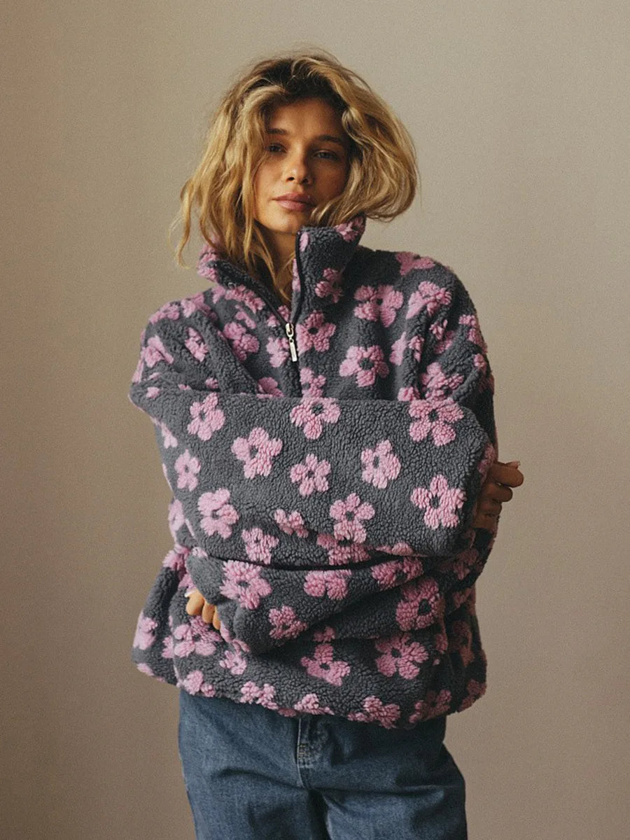 Yaminiya Women's 2025 New Fashion Polar Fleece Flower Blossoms Sweater Cotton Sweater Loose Warm Fur Stand Up Collar Zipper Top
