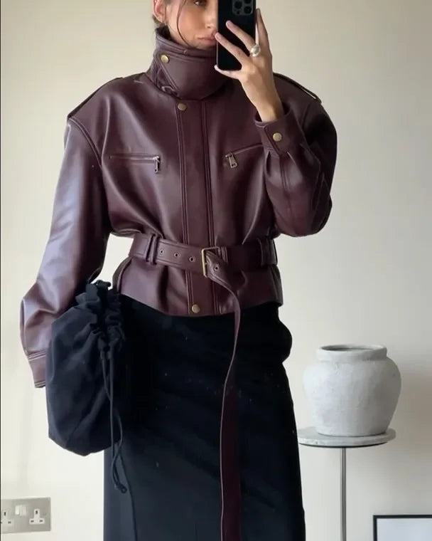 Women Solid Burgundy Waist Cinching Jacket Fashion Lace Up Stand Collar Zipper Bucket Short Jackets 2026 Lady High Street Coat