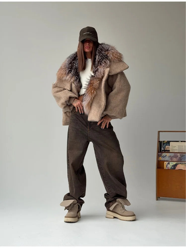Vintage Thicken Faux Fur Woolen Jacket Women Fashion Hooded Pocket Lantern Sleeve Elastic Waist Coat Winter Female Daily Outwear