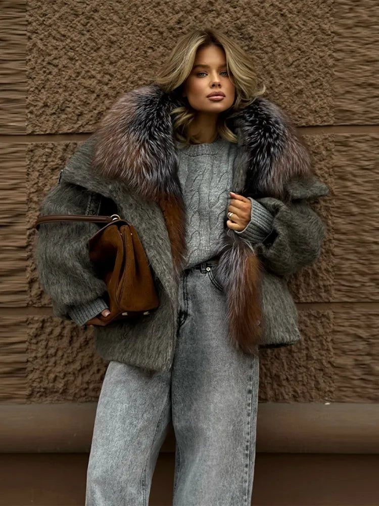 Winter Fashion Faux Fur Collar Woolen Coat Women Vintage Thick Hooded Long Sleeve Oversized Warm Jacket New Lady High Streetwear