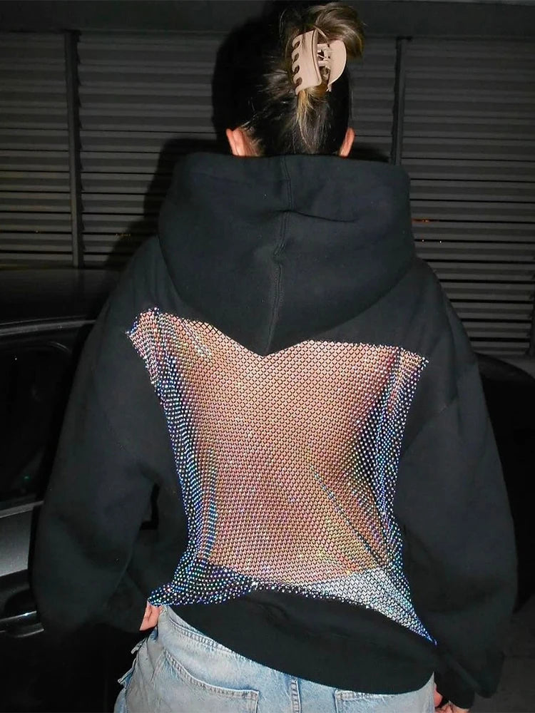 Weird Puss Harajuku Hooded Sweatshirt Women Autumn Trend Backless Glitter Mesh Patchwork Casual Streetwear Hipster Pulloverr