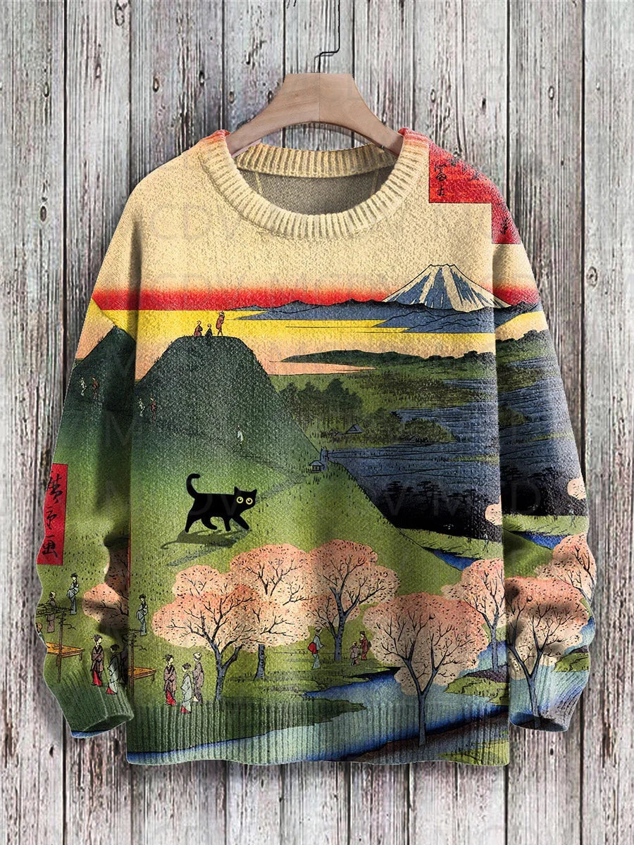 Retro Japanese Style Painting Cat Art Casual Print Knit Pullover Sweater Women For Men Sweater
